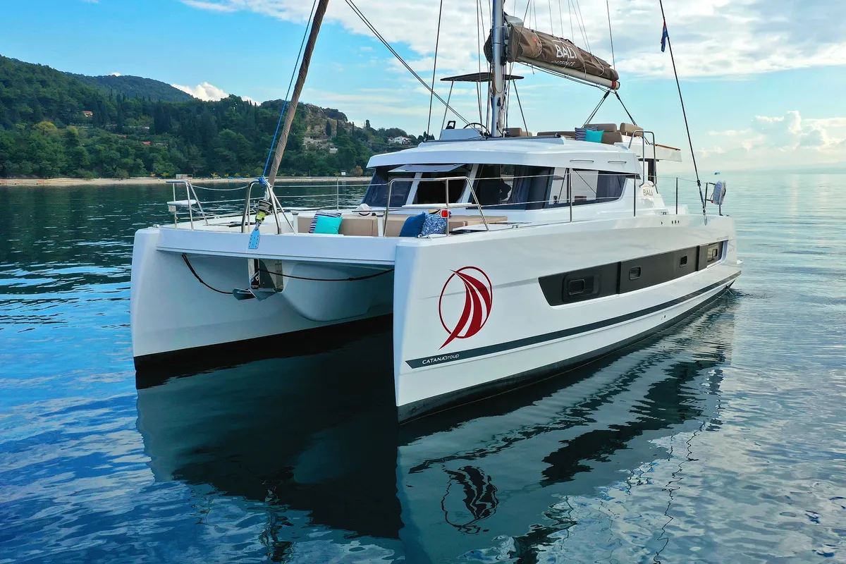 Exterior view of Salty Dragon, a Bali Catspace catamaran at Grad Kaštela, Croatia