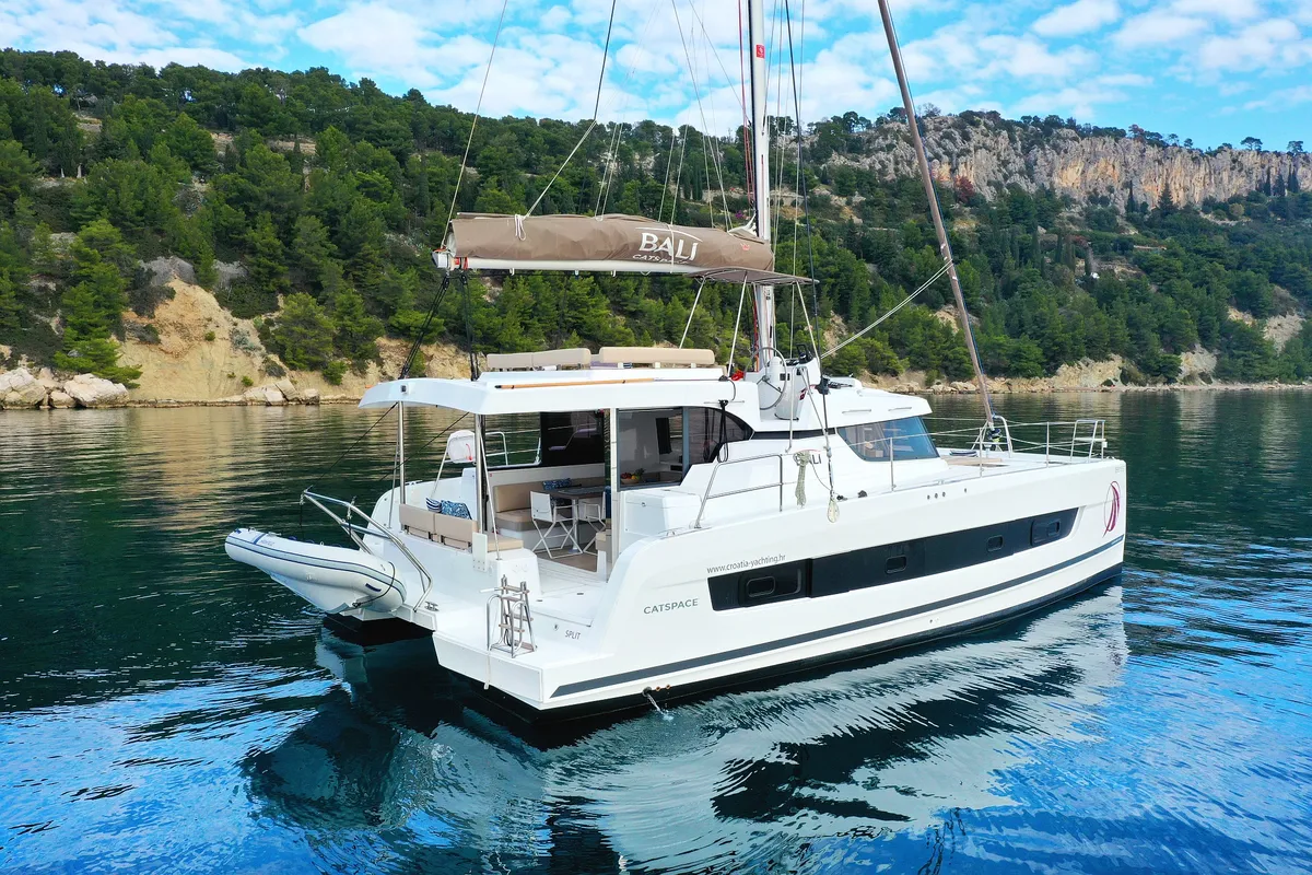 Exterior view of Salty Dragon, a Bali Catspace catamaran at Grad Kaštela, Croatia
