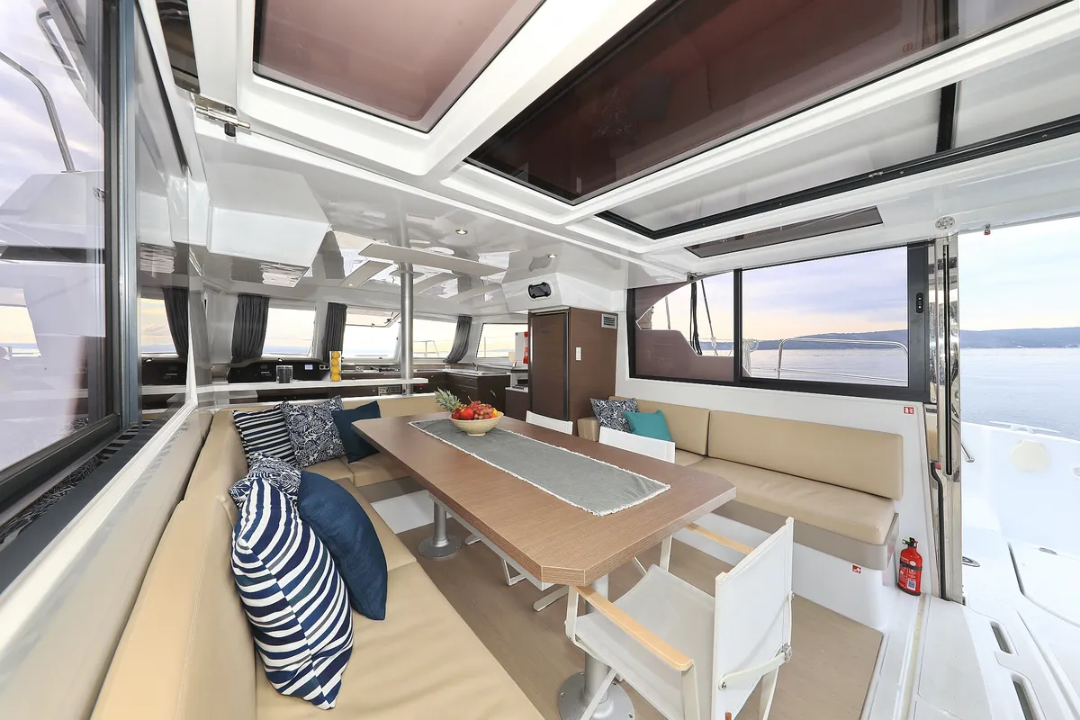 Salon of Salty Dragon, a Bali Catspace catamaran at Grad Kaštela, Croatia