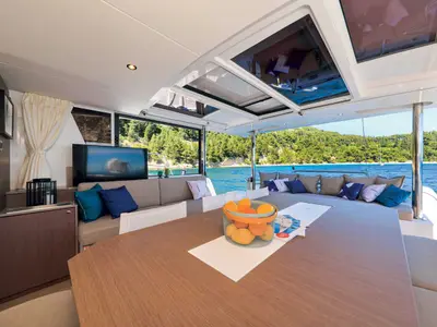 Salon of Standra, a Bali 4.6 catamaran at Municipal Unit of Lefkada, Greece