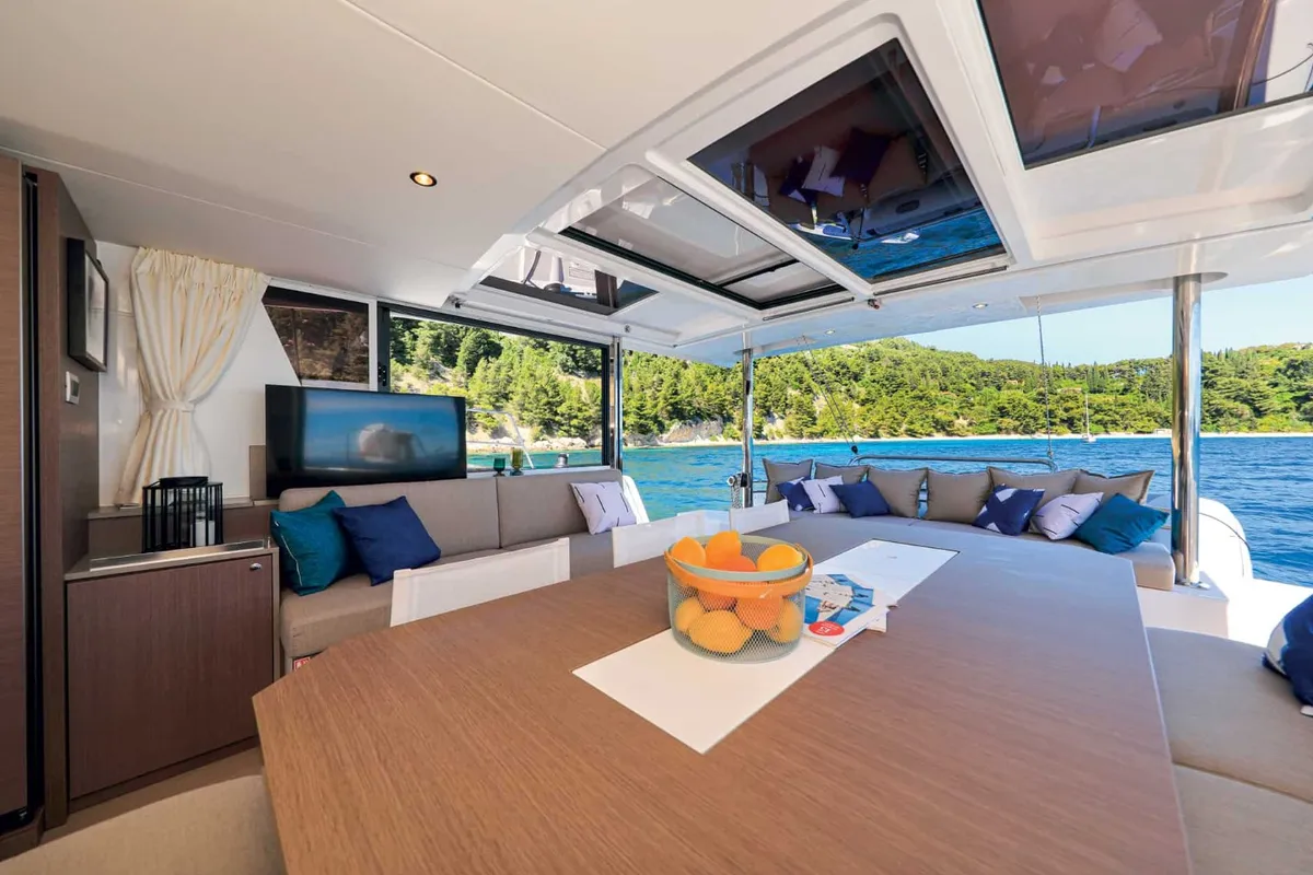 Salon of Standra, a Bali 4.6 catamaran at Municipal Unit of Lefkada, Greece