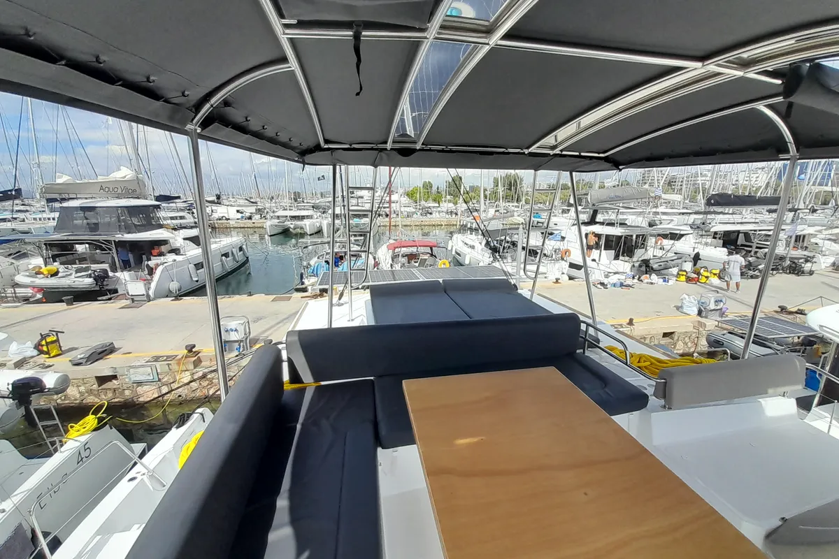 Deck of Atlantis, a Bali 4.6 catamaran at Athens, Greece