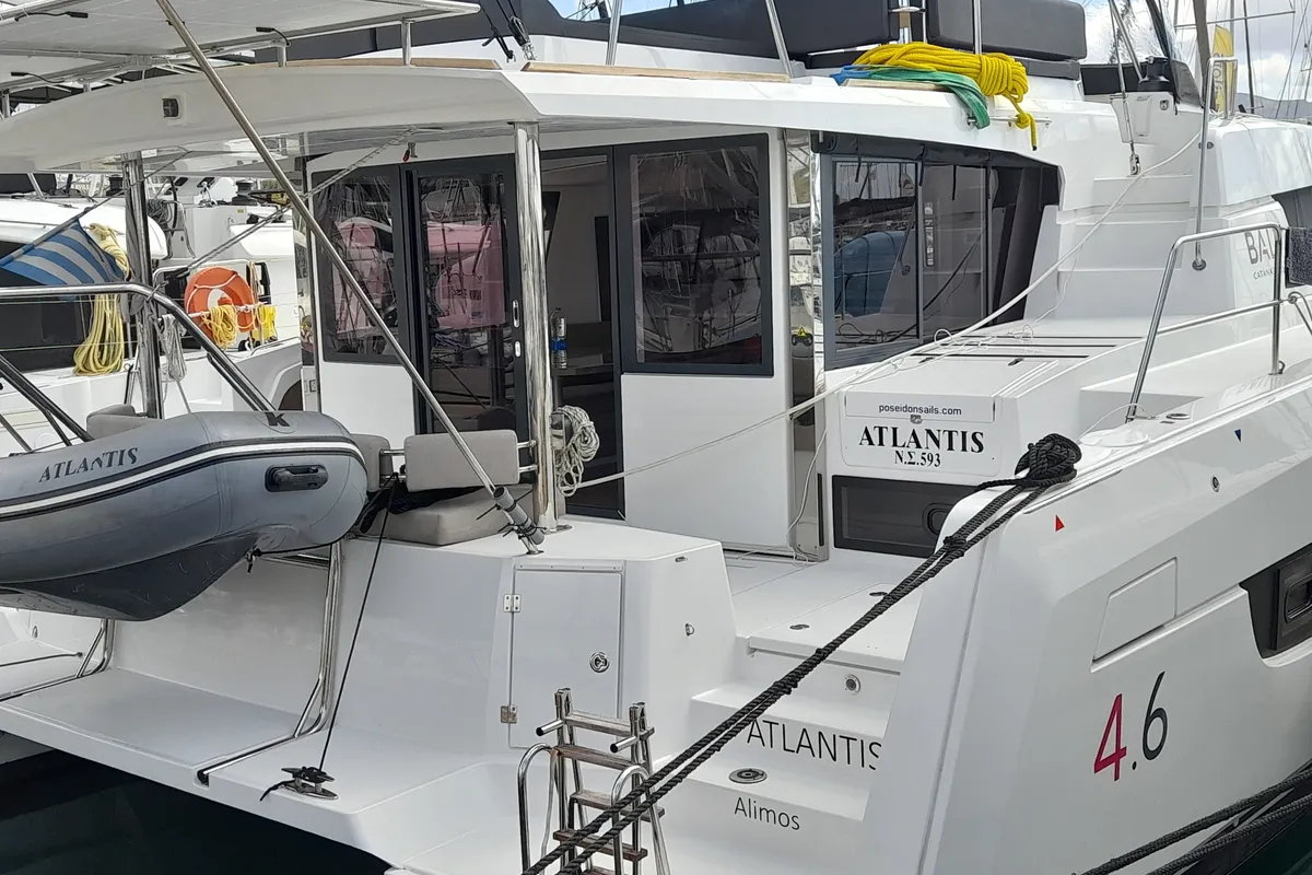 Exterior view of Atlantis, a Bali 4.6 catamaran at Athens, Greece