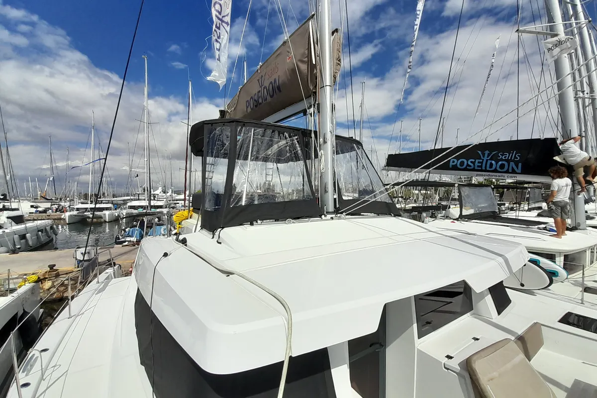 Exterior view of Atlantis, a Bali 4.6 catamaran at Athens, Greece