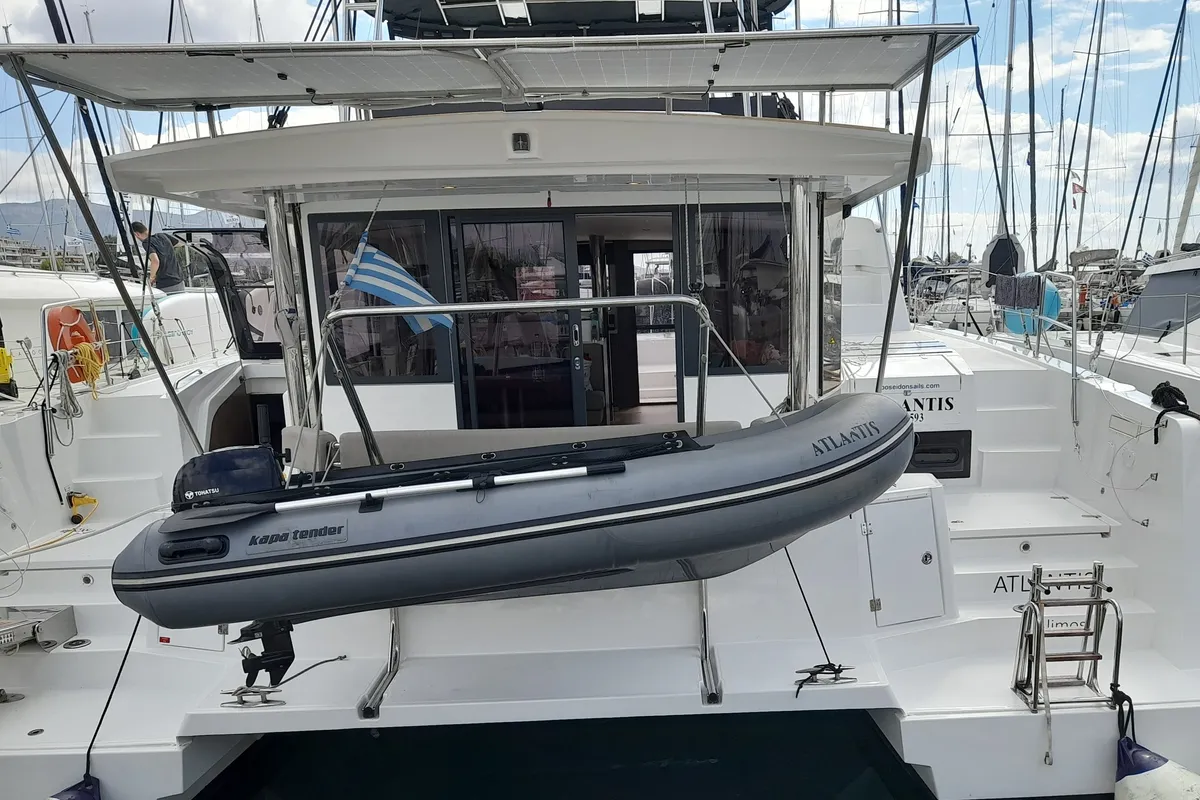 Exterior view of Atlantis, a Bali 4.6 catamaran at Athens, Greece