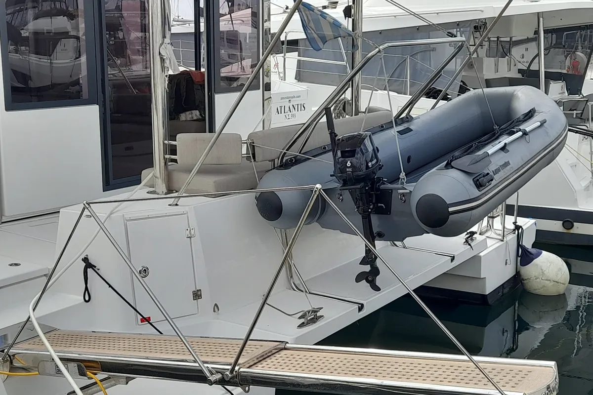 Exterior view of Atlantis, a Bali 4.6 catamaran at Athens, Greece