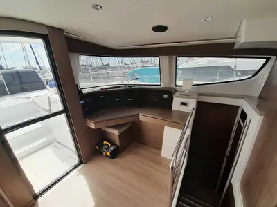 Cockpit of Atlantis, a Bali 4.6 catamaran at Athens, Greece