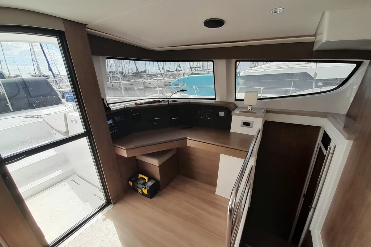 Cockpit of Atlantis, a Bali 4.6 catamaran at Athens, Greece