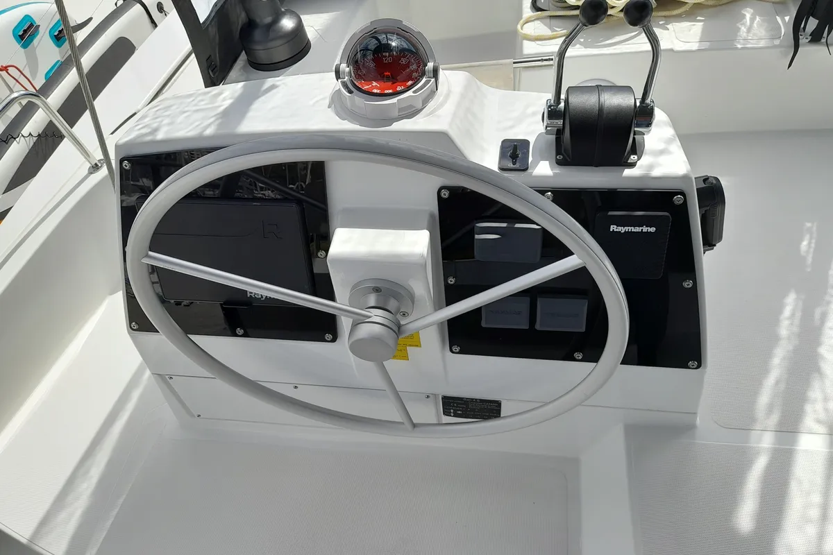 Cockpit of Atlantis, a Bali 4.6 catamaran at Athens, Greece