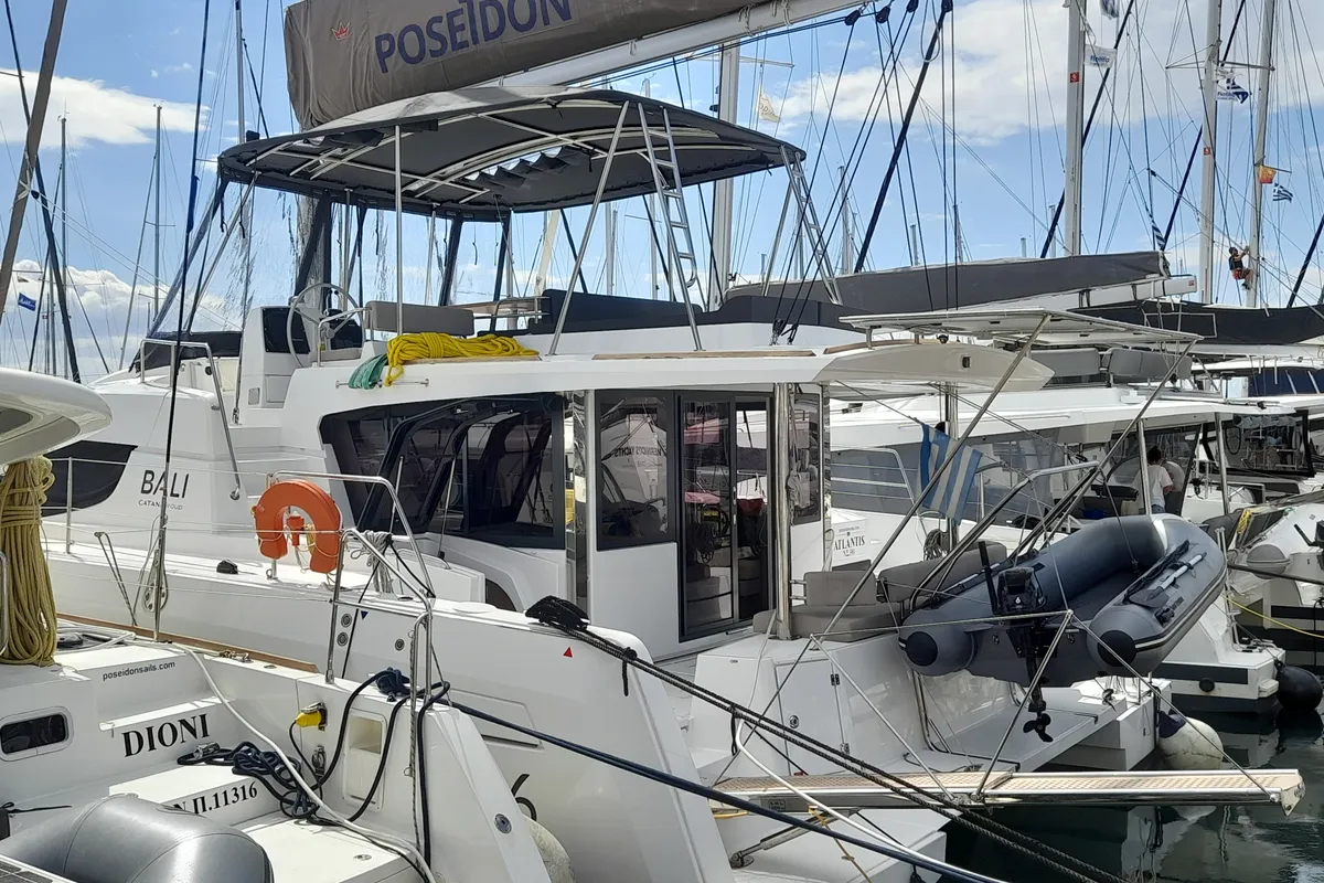 Exterior view of Atlantis, a Bali 4.6 catamaran at Athens, Greece