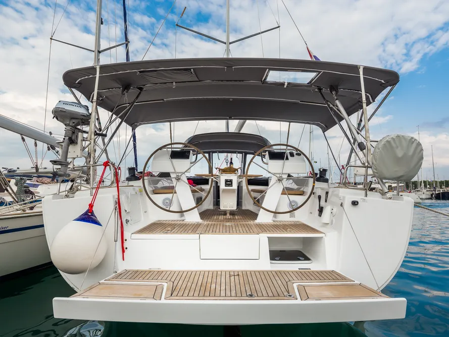 Cockpit of Vala, a Hanse 505 sailboat at Sukošan, Croatia