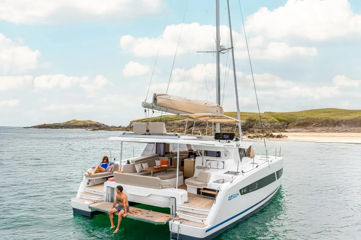 Exterior view of Marilena, a Fountaine Pajot FP 44 catamaran at Kontokali, Greece