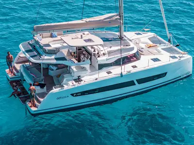 Exterior view of Marilena, a Fountaine Pajot FP 44 catamaran at Kontokali, Greece