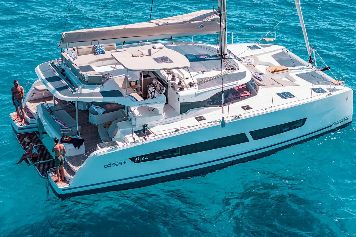 Exterior view of Marilena, a Fountaine Pajot FP 44 catamaran at Kontokali, Greece