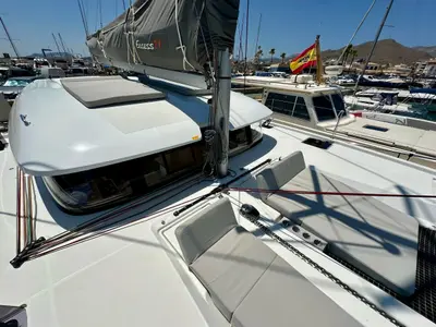 Deck of FLOKI, a Excess 11 catamaran at Port de Pollença, Spain