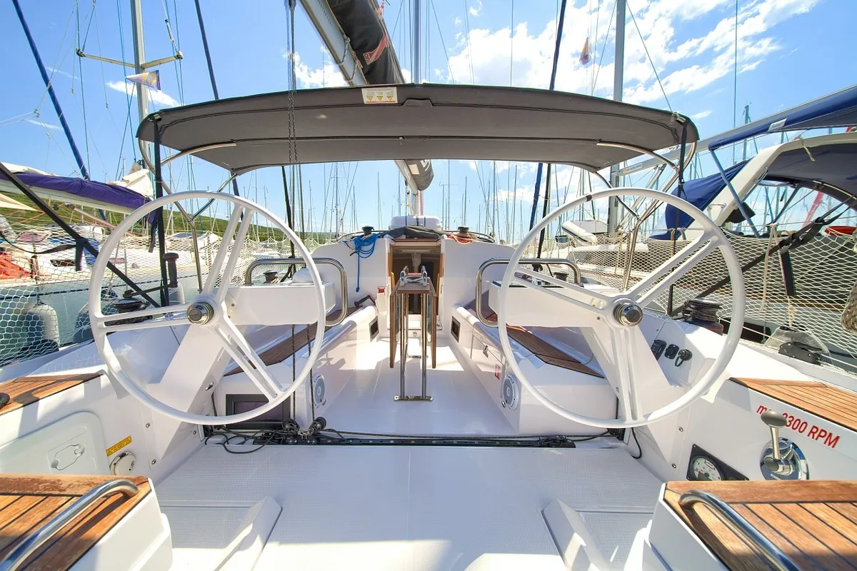 Cockpit of Lipa, a Elan E4 sailboat at Punat, Croatia