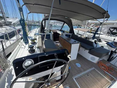 Cockpit of Miram, a Dufour 44 sailboat at Grad Trogir, Croatia