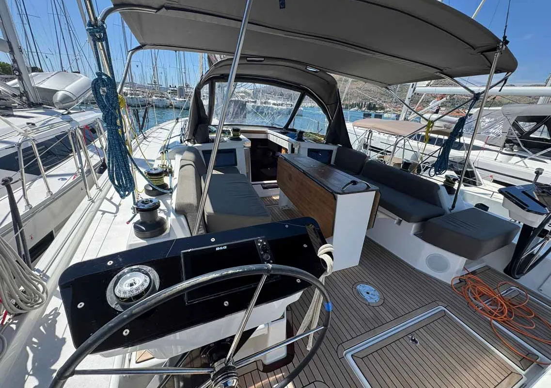 Cockpit of Miram, a Dufour 44 sailboat at Grad Trogir, Croatia