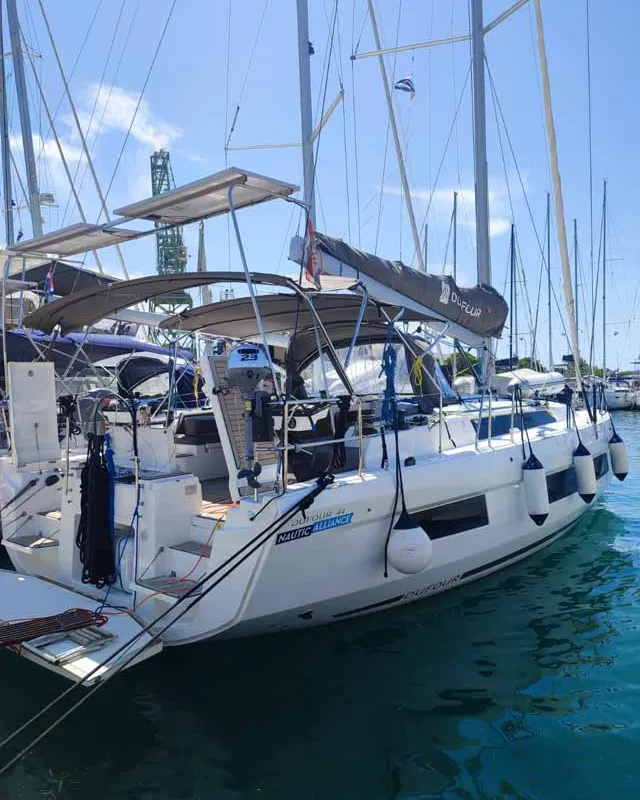 Exterior view of Miram, a Dufour 44 sailboat at Grad Trogir, Croatia