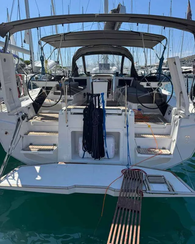 Cockpit of Miram, a Dufour 44 sailboat at Grad Trogir, Croatia