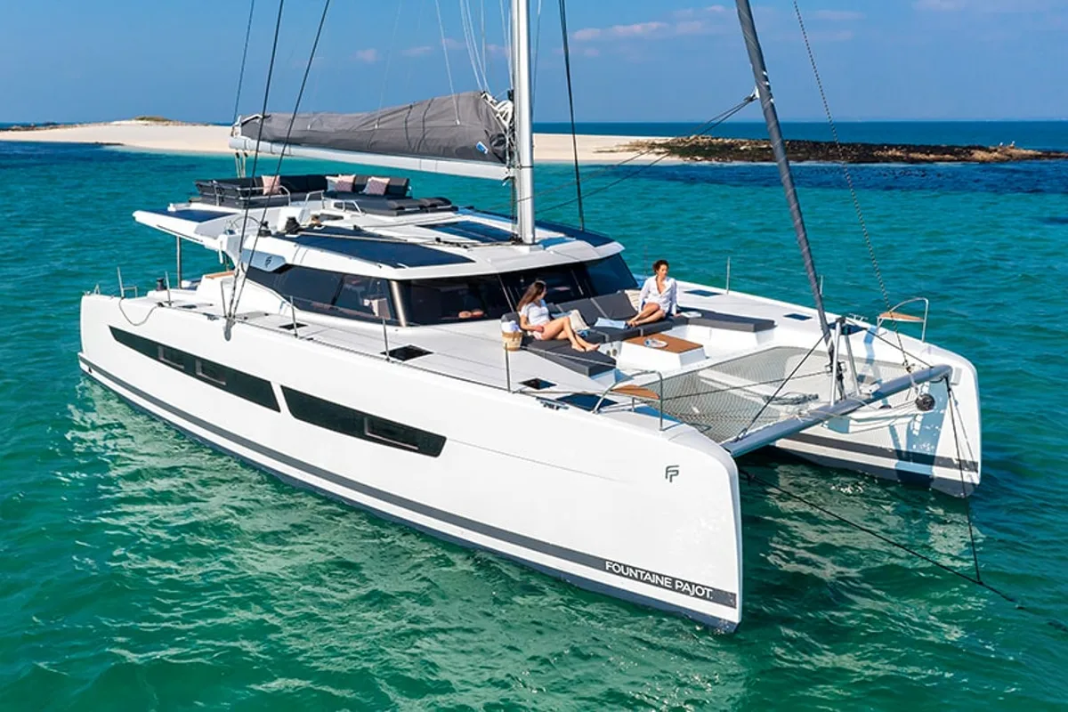 Flow, a Fountaine Pajot Aura 51 catamaran at Ellomenos, Greece