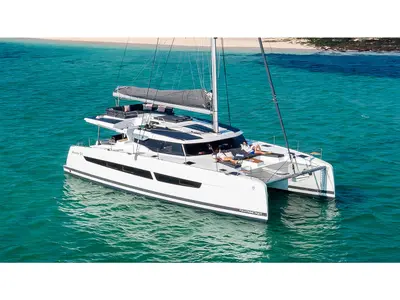 Flow, a Fountaine Pajot Aura 51 catamaran at Ellomenos, Greece