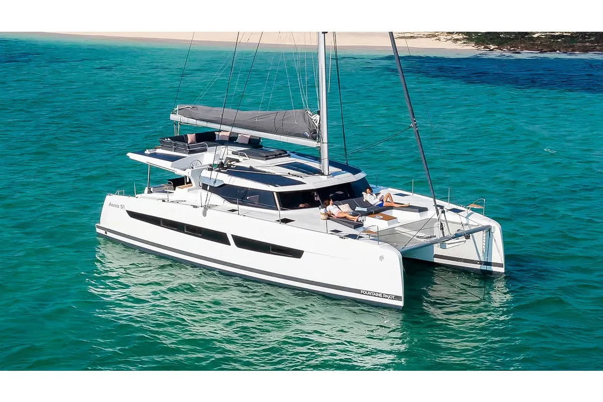 Flow, a Fountaine Pajot Aura 51 catamaran at Ellomenos, Greece