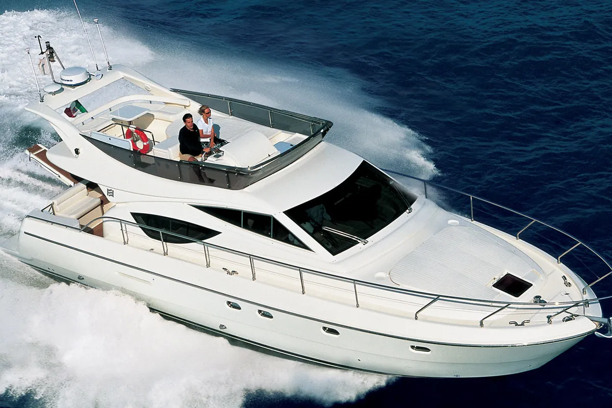Exterior view of Speranza, a Ferretti 460 motorboat at Panaji, India