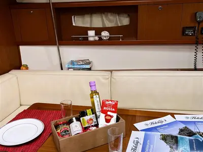 Salon of Twins, a Beneteau Oceanis 43 sailboat at Lavreotiki Municipal Unit, Greece