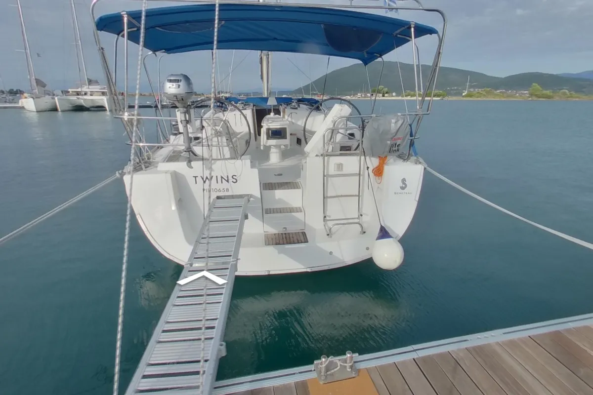 Exterior view of Twins, a Beneteau Oceanis 43 sailboat at Lavreotiki Municipal Unit, Greece