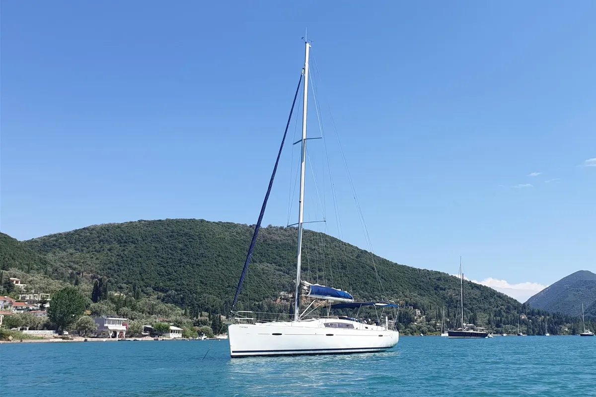 Exterior view of Twins, a Beneteau Oceanis 43 sailboat at Lavreotiki Municipal Unit, Greece