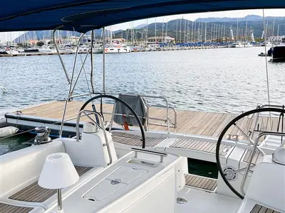Cockpit of Twins, a Beneteau Oceanis 43 sailboat at Lavreotiki Municipal Unit, Greece