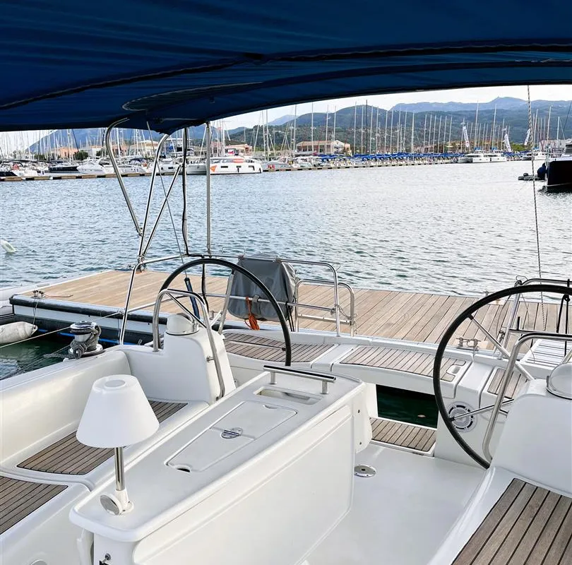 Cockpit of Twins, a Beneteau Oceanis 43 sailboat at Lavreotiki Municipal Unit, Greece