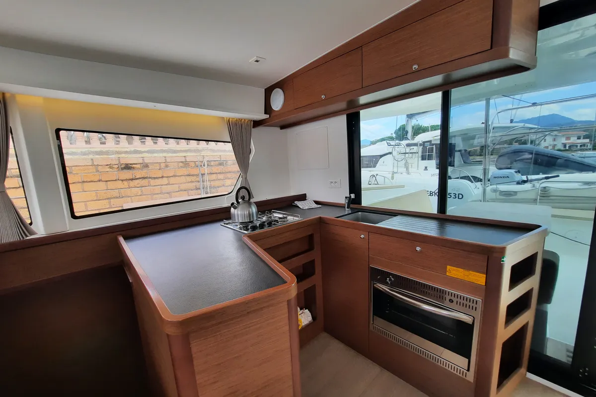 Galley of Senza Ma, a Lagoon 42 catamaran at Tonnarella, Italy
