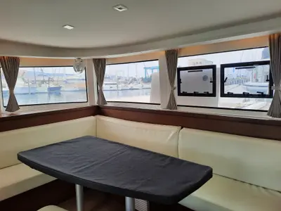 Salon of Senza Ma, a Lagoon 42 catamaran at Tonnarella, Italy