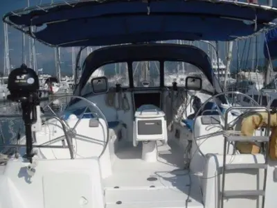 Cockpit of Orion II, a Beneteau Cyclades 43.4 sailboat at Volos, Greece