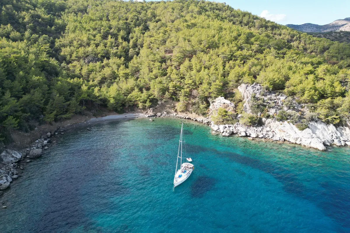 Exterior view of Ocean's Eleven, a Jeanneau Sun Odyssey 509 sailboat at Bodrum, Turkey