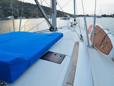 Deck of Ocean's Eleven, a Jeanneau Sun Odyssey 509 sailboat at Bodrum, Turkey