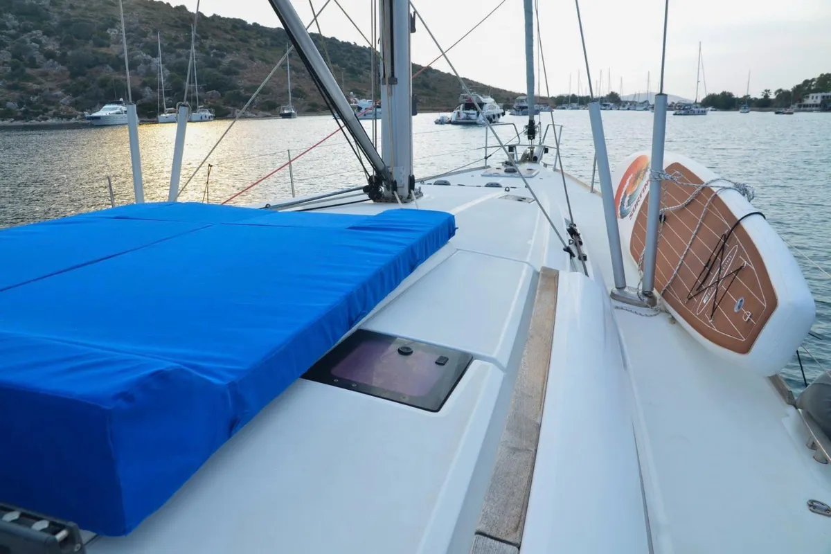 Deck of Ocean's Eleven, a Jeanneau Sun Odyssey 509 sailboat at Bodrum, Turkey