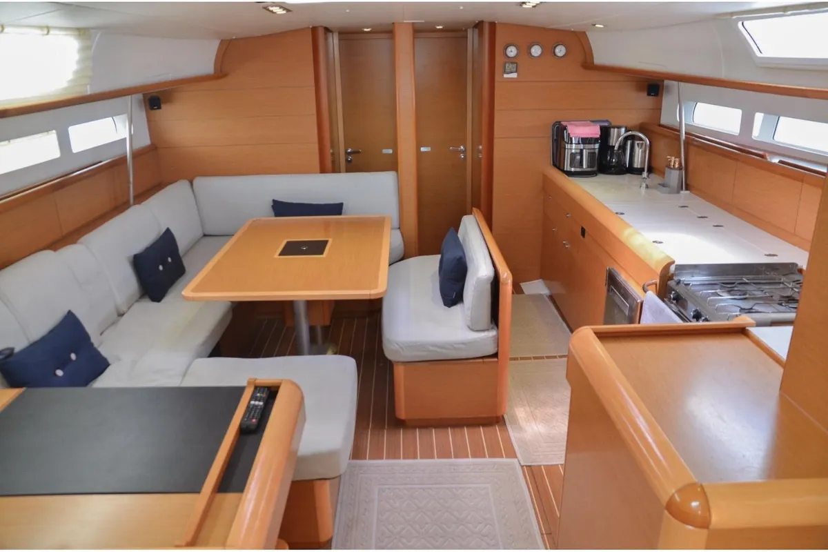 Salon of Ocean's Eleven, a Jeanneau Sun Odyssey 509 sailboat at Bodrum, Turkey