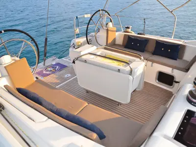 Cockpit of Ocean's Eleven, a Jeanneau Sun Odyssey 509 sailboat at Bodrum, Turkey