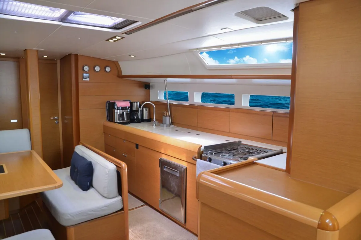 Galley of Ocean's Eleven, a Jeanneau Sun Odyssey 509 sailboat at Bodrum, Turkey