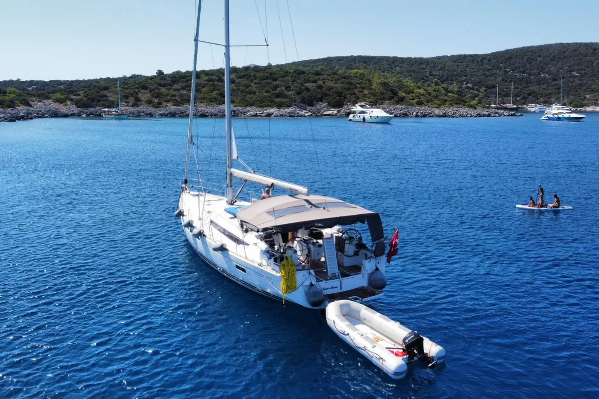 Exterior view of Ocean's Eleven, a Jeanneau Sun Odyssey 509 sailboat at Bodrum, Turkey