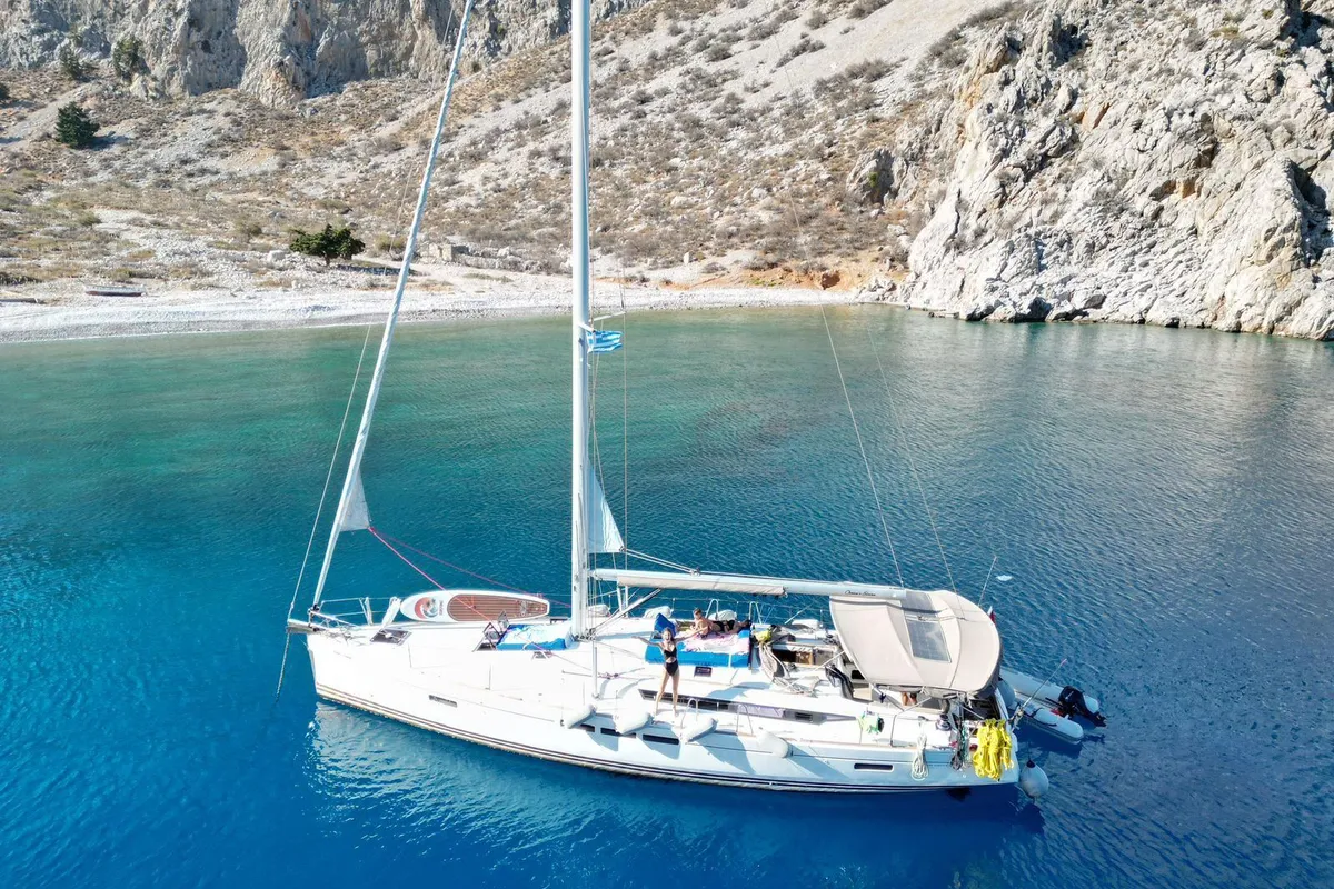 Exterior view of Ocean's Eleven, a Jeanneau Sun Odyssey 509 sailboat at Bodrum, Turkey