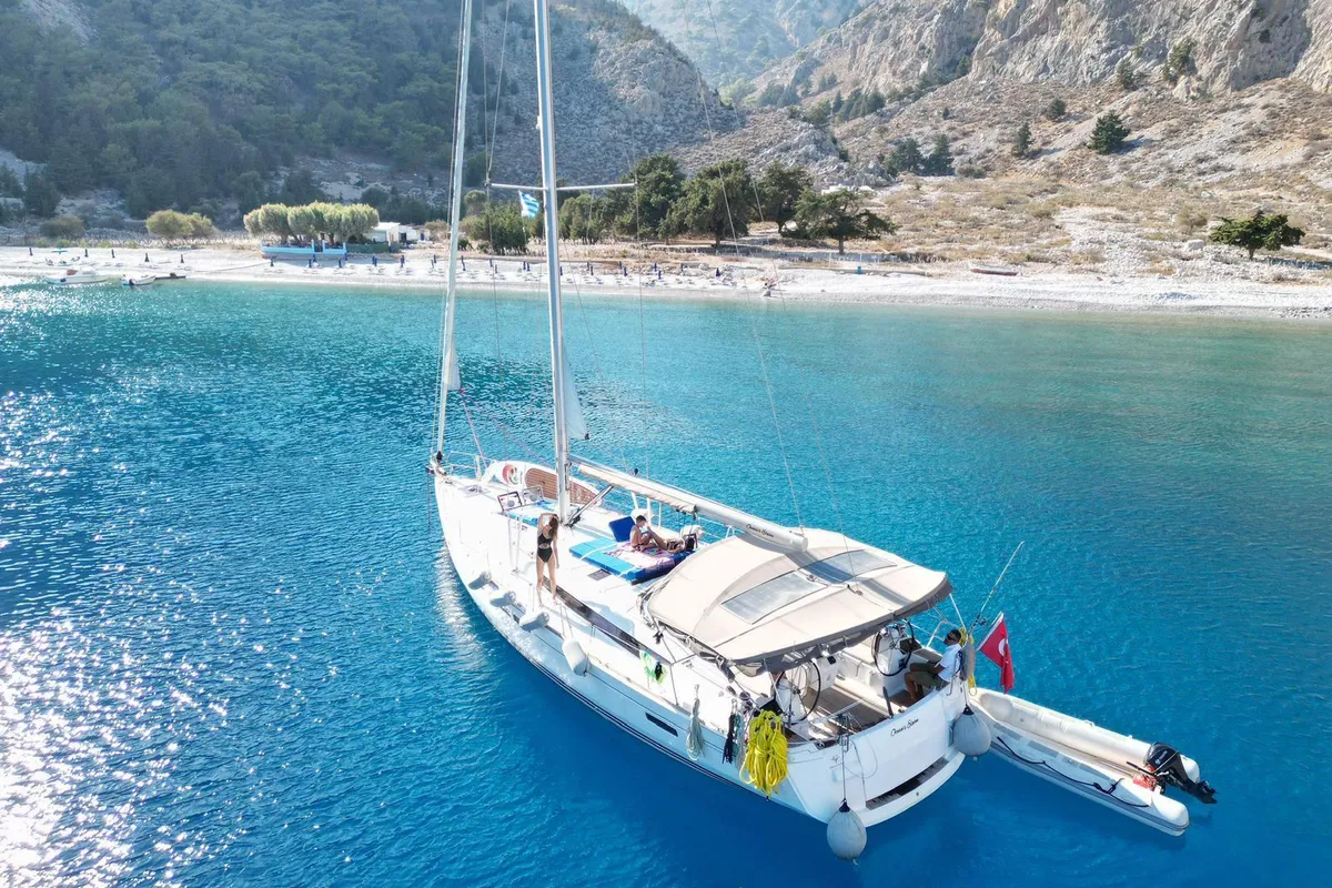 Exterior view of Ocean's Eleven, a Jeanneau Sun Odyssey 509 sailboat at Bodrum, Turkey