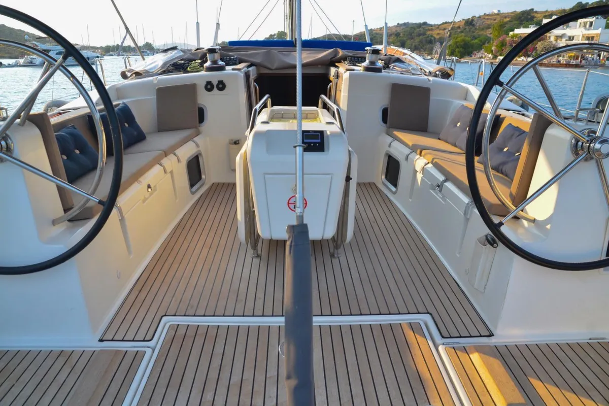 Cockpit of Ocean's Eleven, a Jeanneau Sun Odyssey 509 sailboat at Bodrum, Turkey