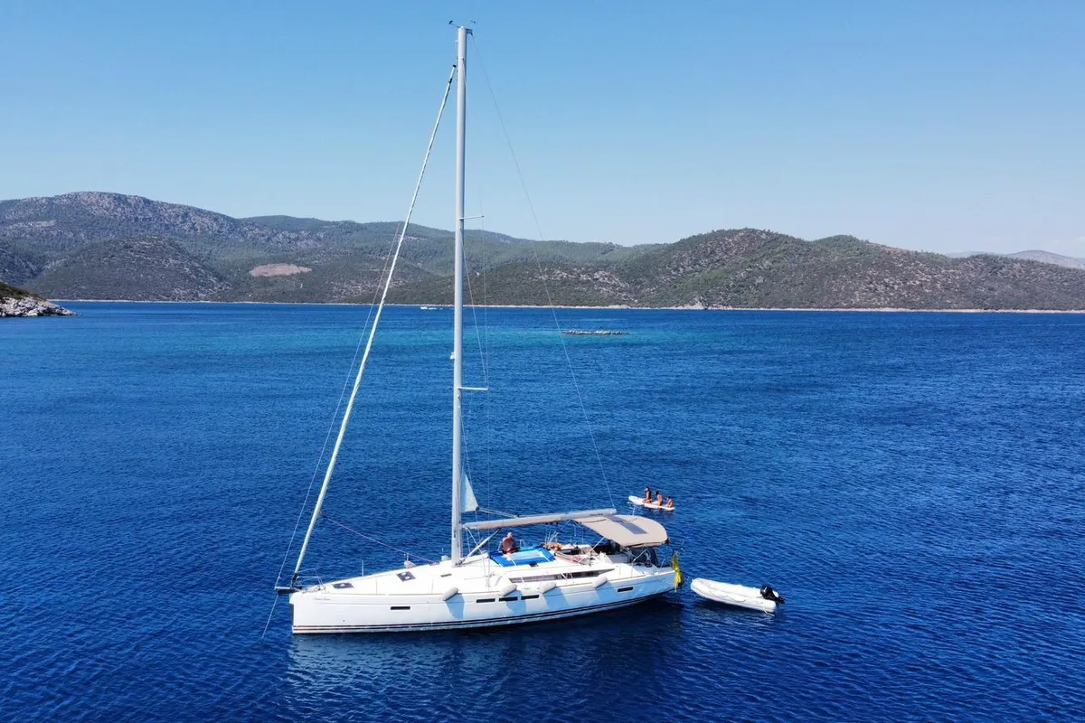Exterior view of Ocean's Eleven, a Jeanneau Sun Odyssey 509 sailboat at Bodrum, Turkey