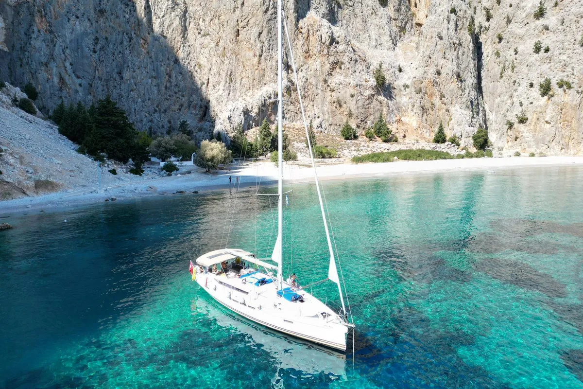 Exterior view of Ocean's Eleven, a Jeanneau Sun Odyssey 509 sailboat at Bodrum, Turkey