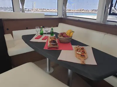 Salon of All In, a Lagoon 42 catamaran at Lavrion, Greece
