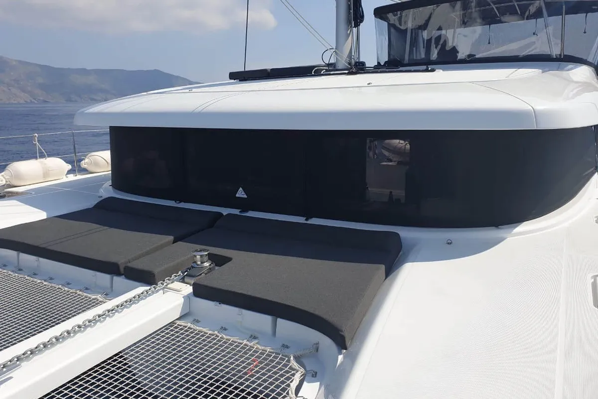 Deck of All In, a Lagoon 42 catamaran at Lavrion, Greece